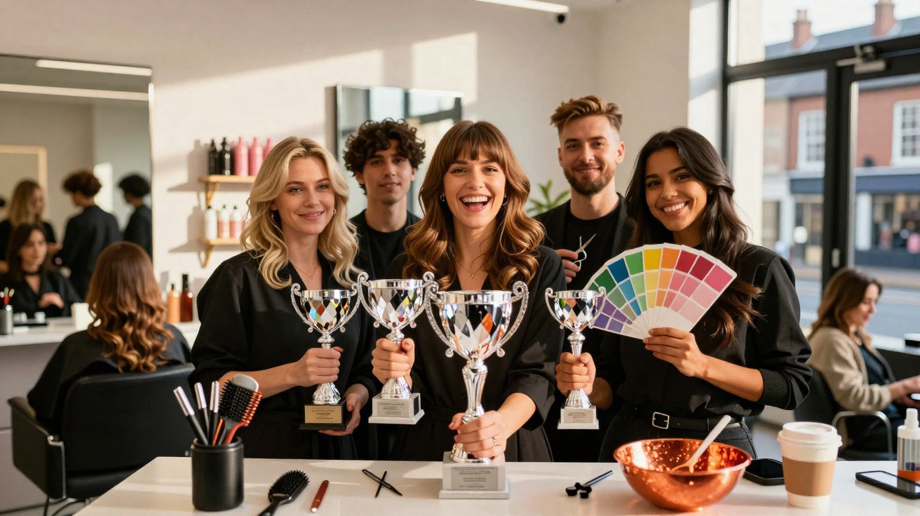 Five hairdressers posing happily with trophies and colour swatches inside a well-lit salon.