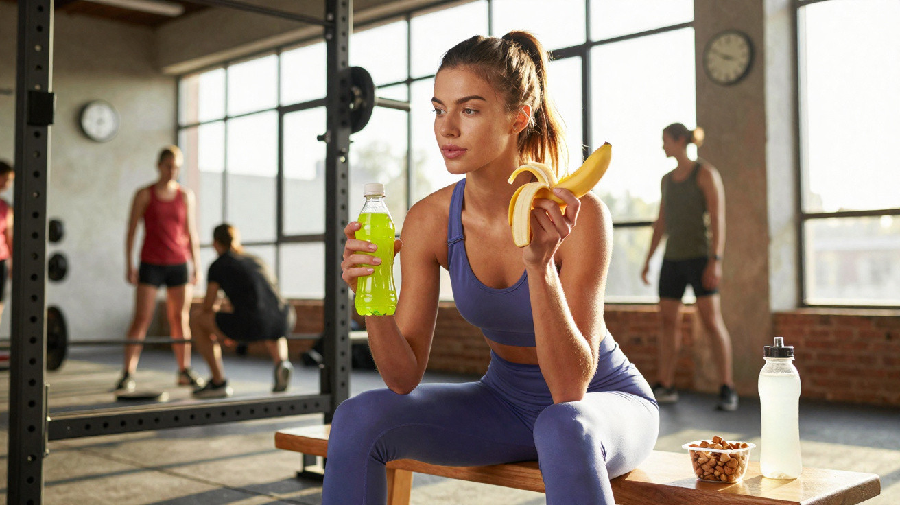 Woman in workout attire sitting on a bench at the gym, holding a peeled banana and a green sports drink.