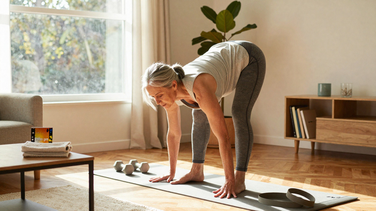 Mature woman in grey leggings and white tank top stretching on a yoga mat in a sunlit living room.