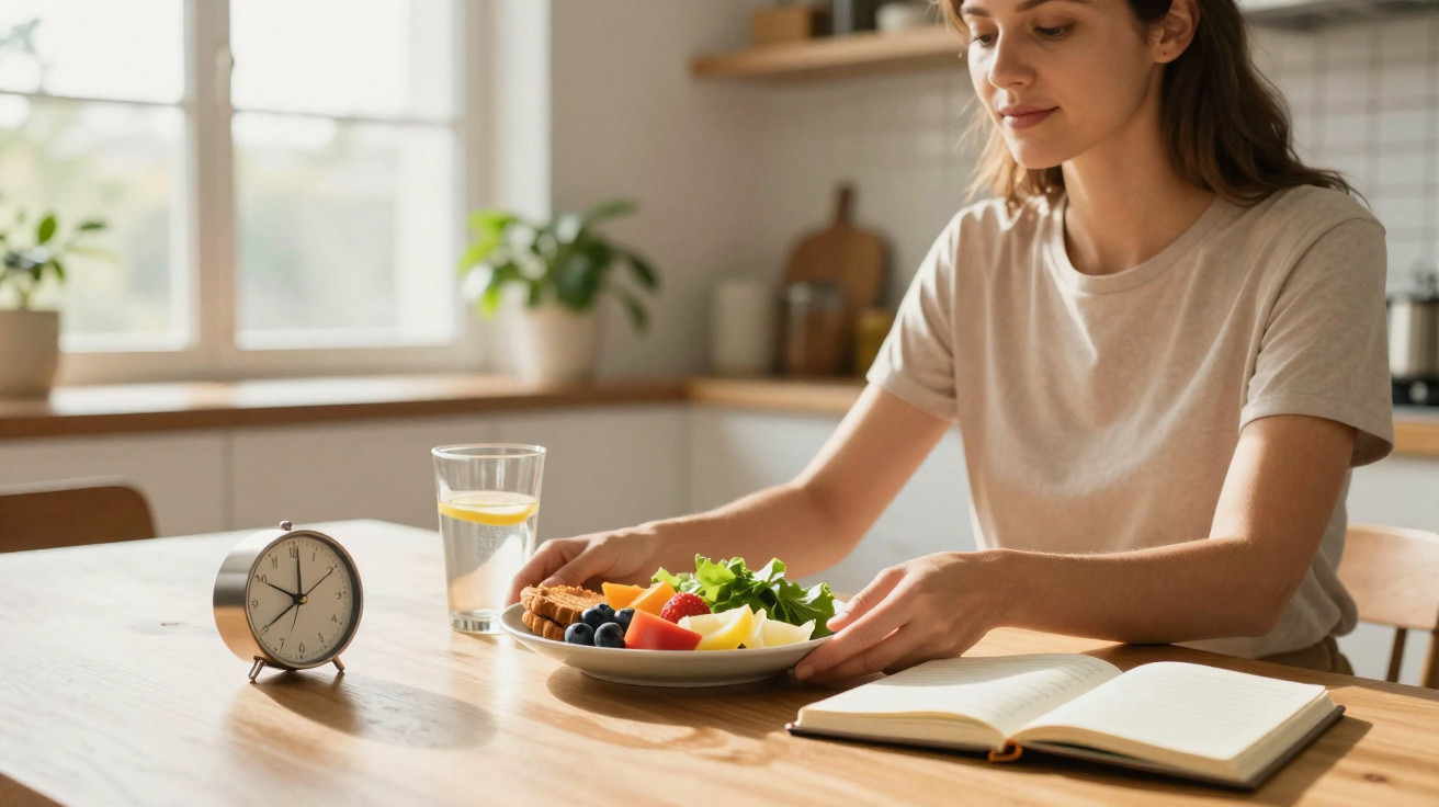 Woman sitting at a wooden kitchen table with a healthy meal, a glass of water, an alarm clock, and an open notebook.