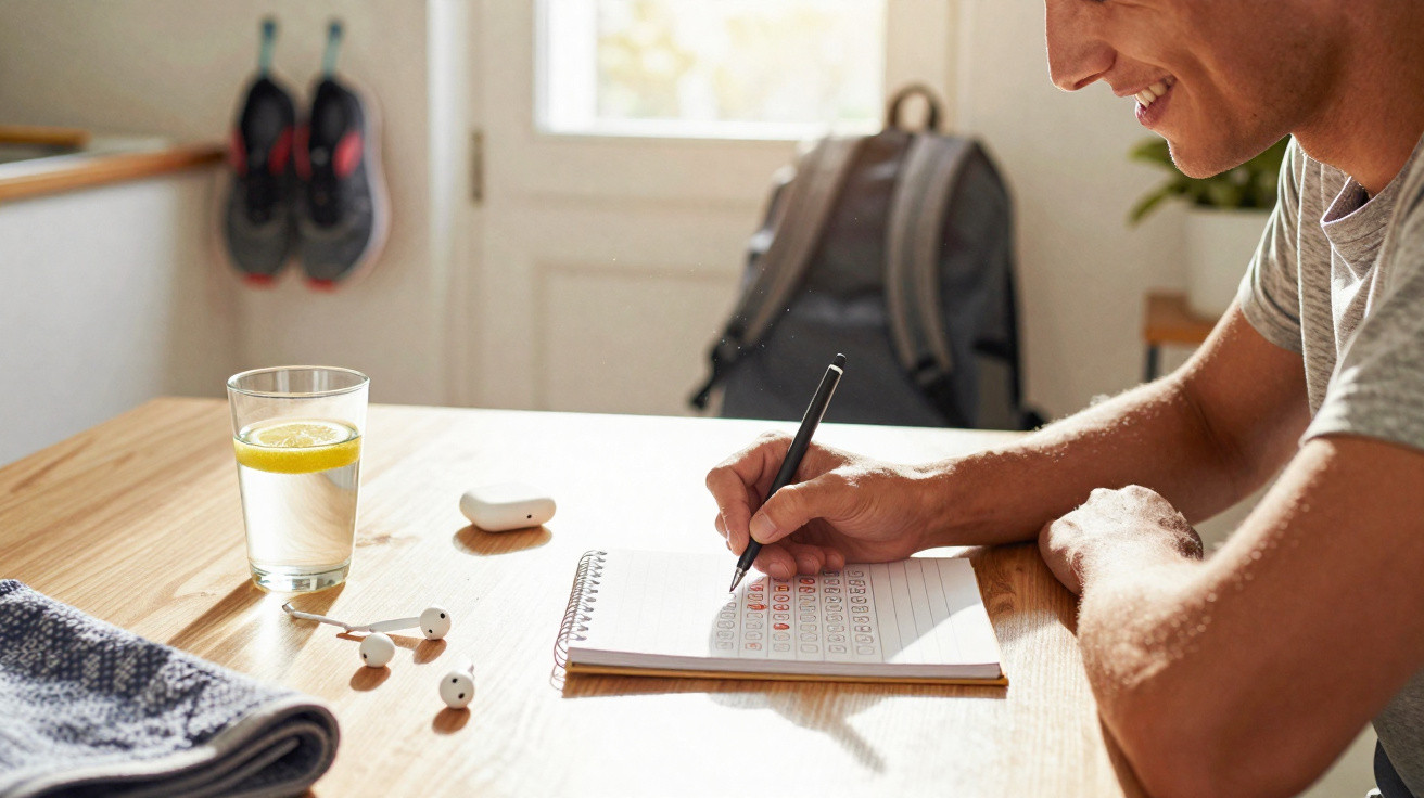 Man sitting at a wooden table writing numbers in a notebook with earbuds and a glass of lemon water nearby