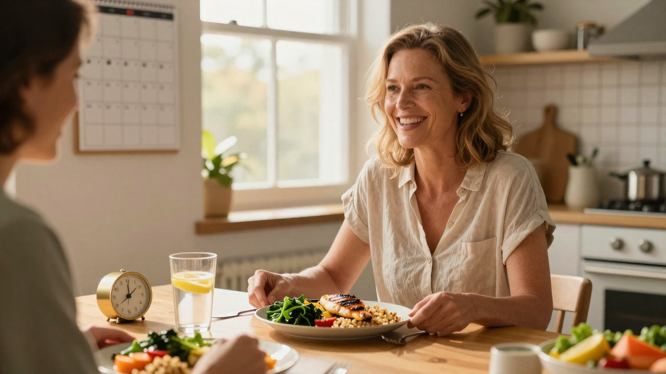 Two women smiling and eating a healthy meal together at a sunlit kitchen table.