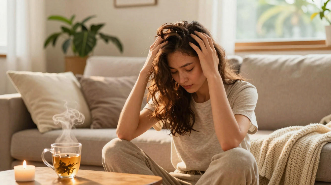 Woman sitting on floor holding her head looking stressed with a hot drink and candle on the table nearby.
