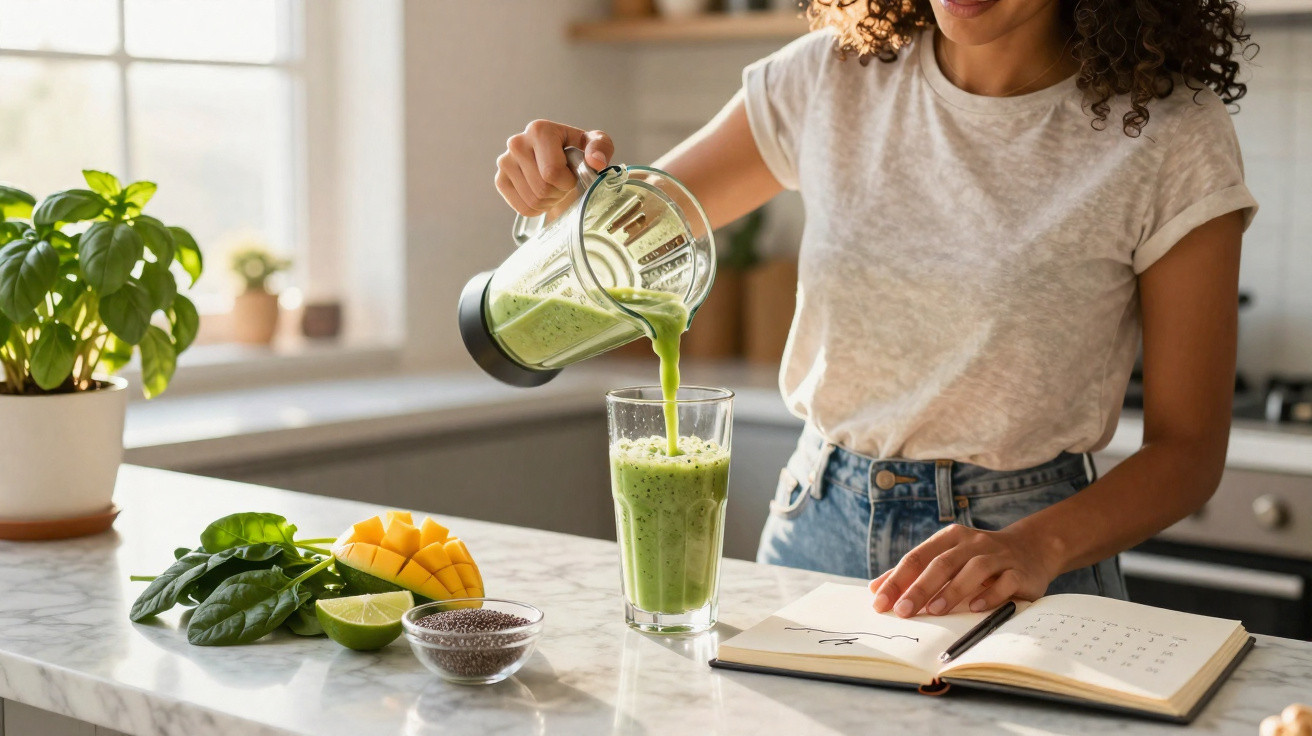Woman pouring green smoothie into glass on kitchen counter with fresh ingredients and open notebook nearby
