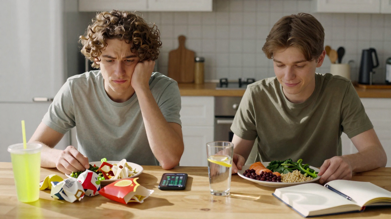 Two young men sitting at a table with food; one looks unhappy with fast food, the other smiles at a healthy meal.