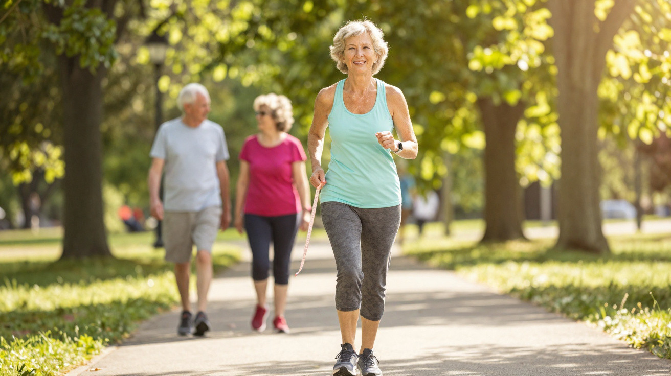 Older woman jogging on a sunny park path with two people walking in the background among green trees.
