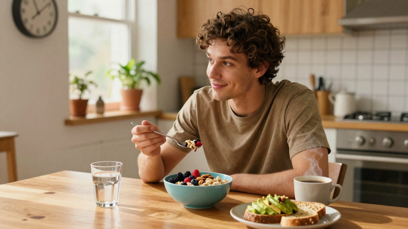 Young man eating cereal with berries and nuts, with avocado toast and hot drink on table in kitchen.