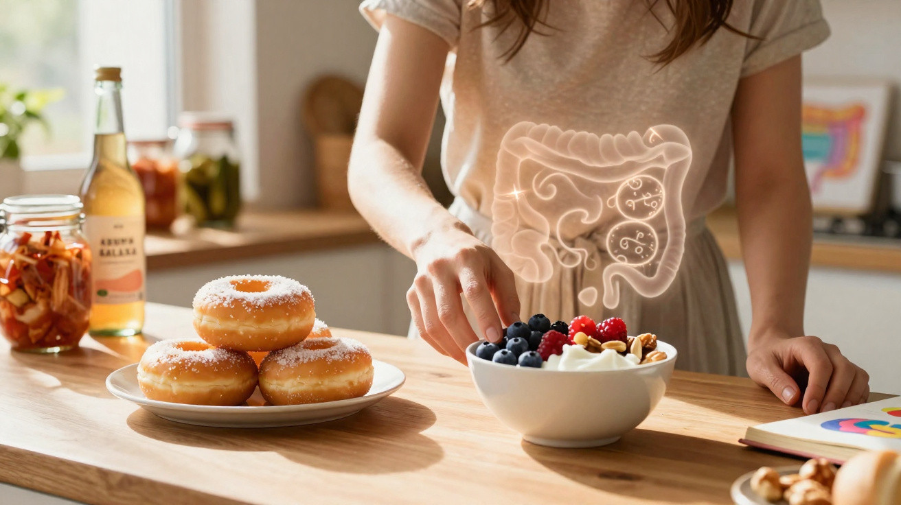 Person choosing healthy fruit and yogurt over sugary doughnuts, with a digital gut illustration overlay.