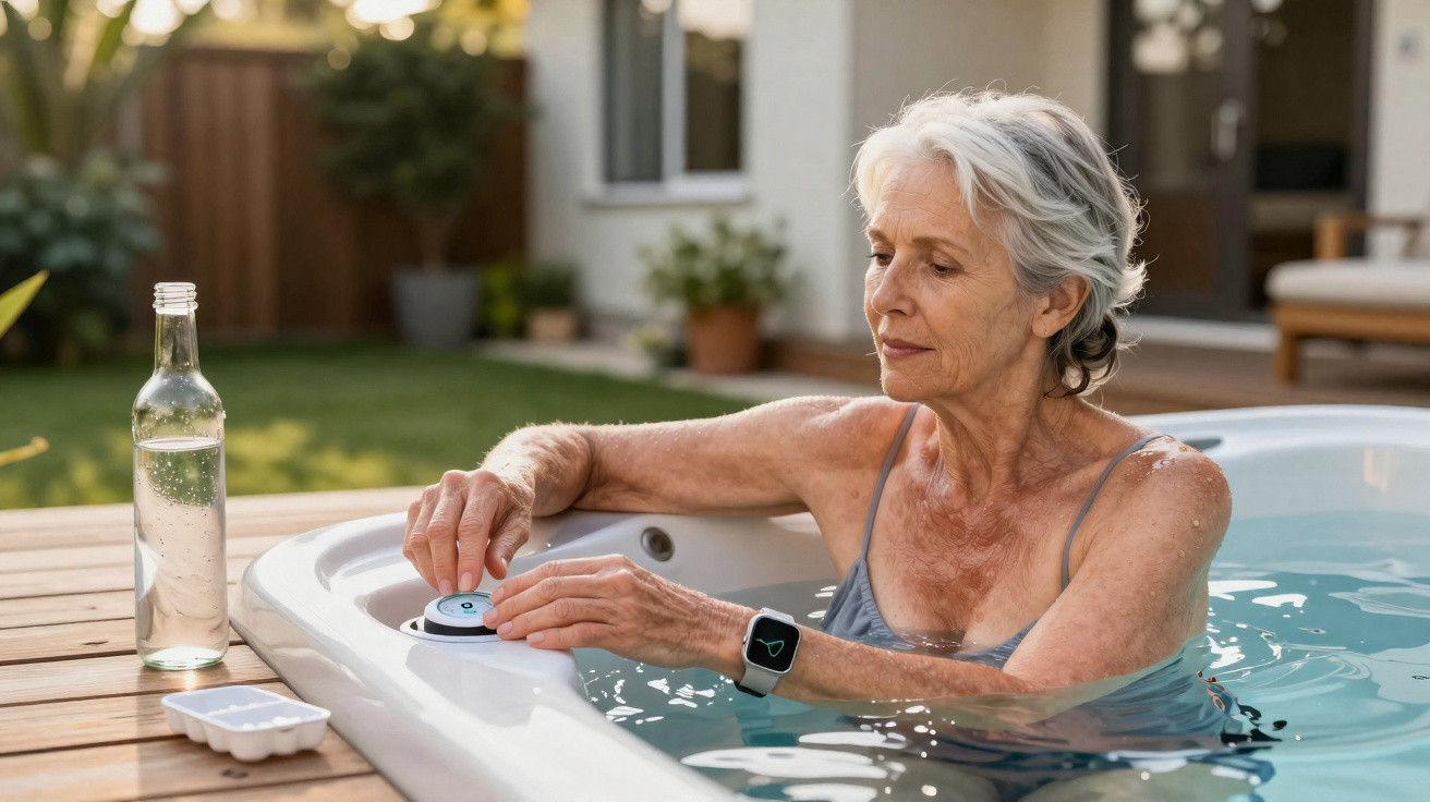 Older woman adjusting controls on outdoor hot tub with water bottle nearby on wooden deck.