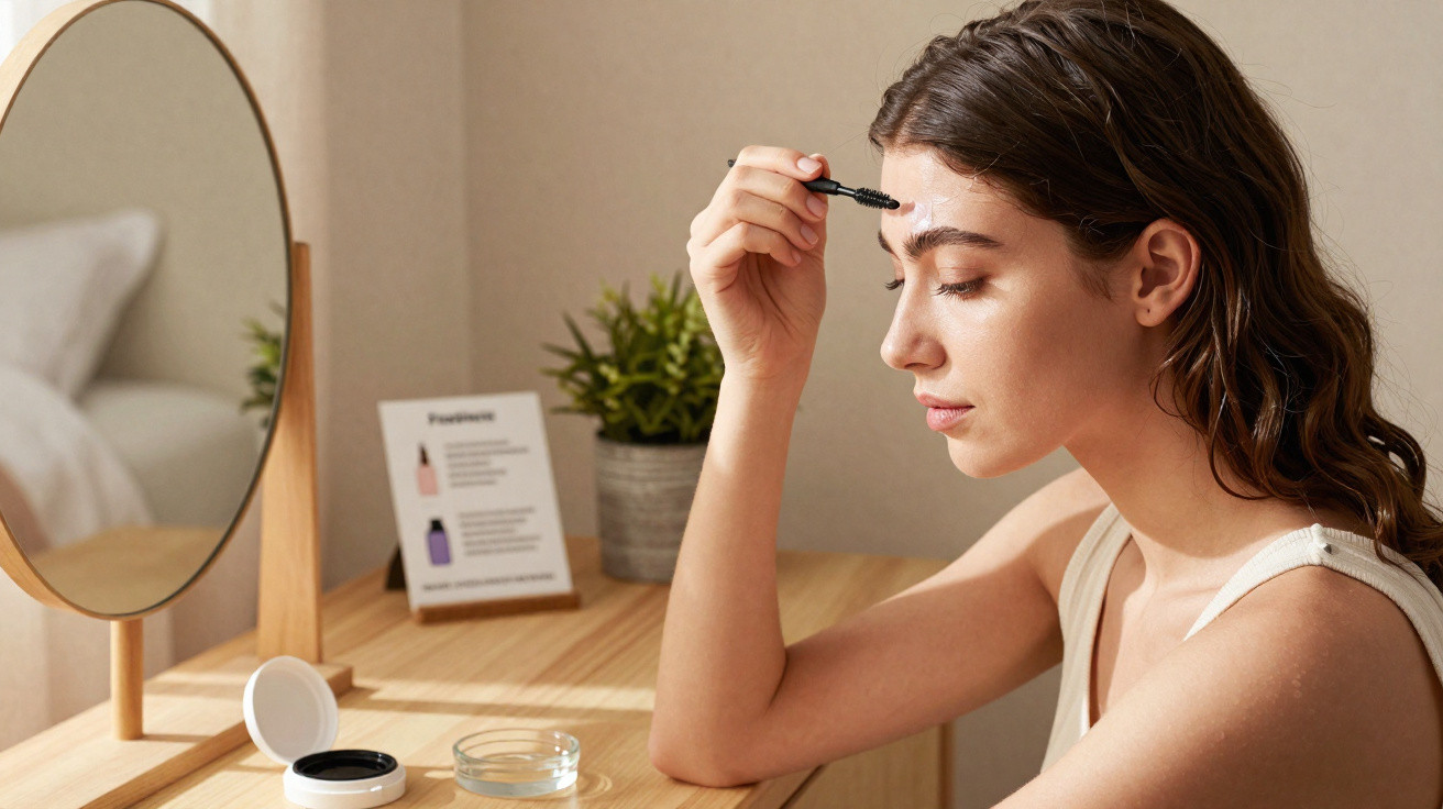 Young woman applies eyebrow gel while sitting at a wooden vanity table with a round mirror and plant.