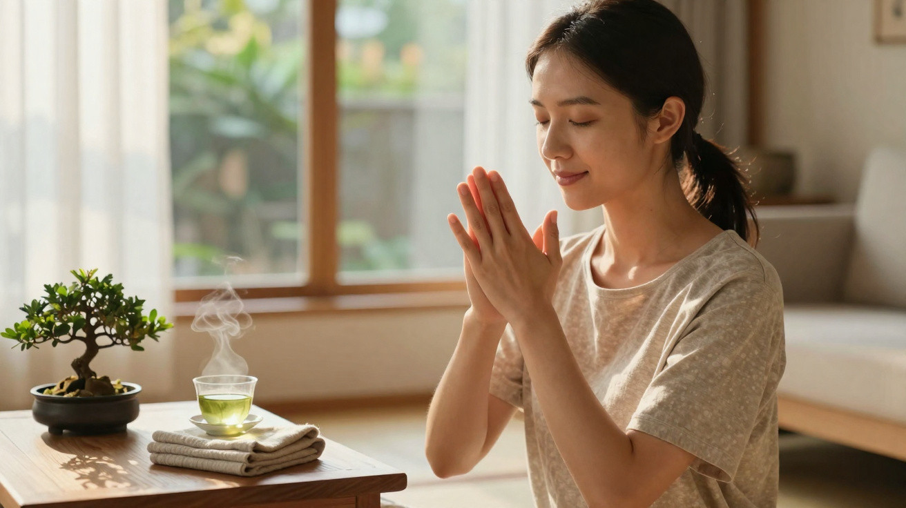 Woman sitting indoors with hands in prayer, beside steaming cup of tea and bonsai tree on table.