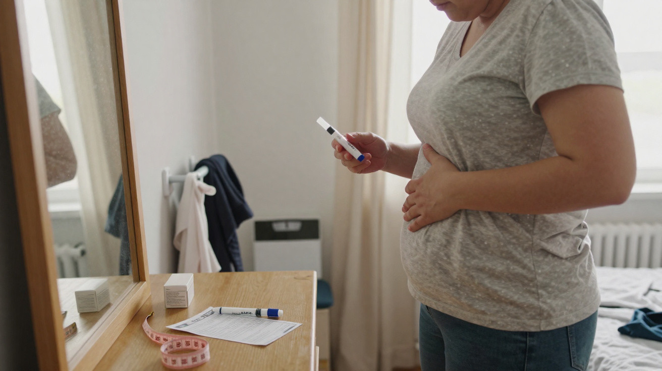 Woman holding a pregnancy test while touching her stomach, standing next to a dressing table with a measuring tape and papers