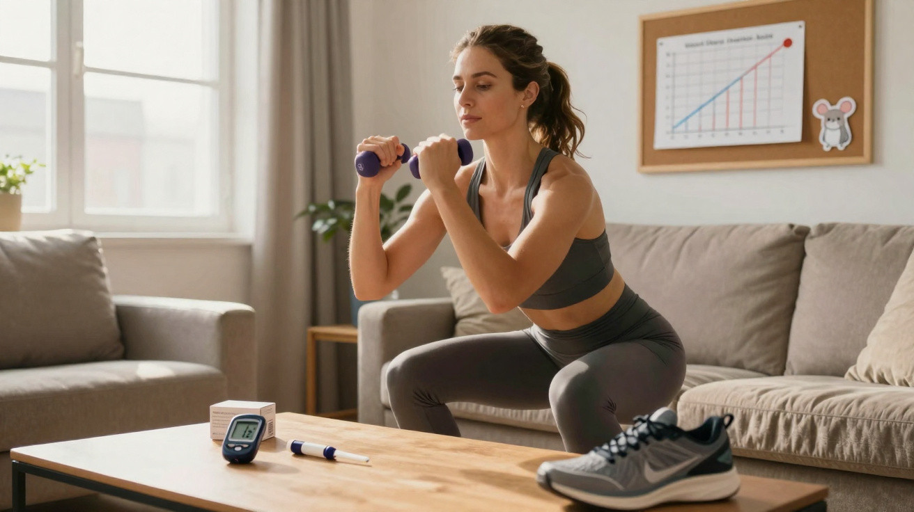 A woman in workout clothes exercising with dumbbells in a living room with a graph on the wall.