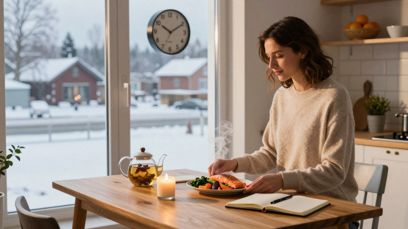 Woman sitting at wooden table eating salmon and vegetables with snow outside the window and a lit candle nearby