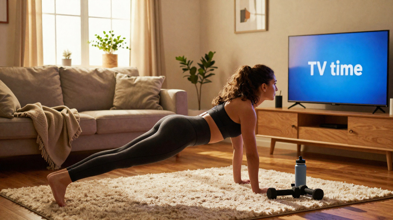 Woman in workout clothes doing a plank on a rug, following a workout programme on a TV screen.