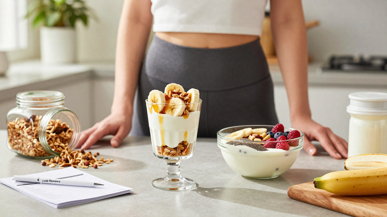 Close-up of a healthy breakfast with yogurt, bananas, granola, nuts, and berries on a kitchen counter.