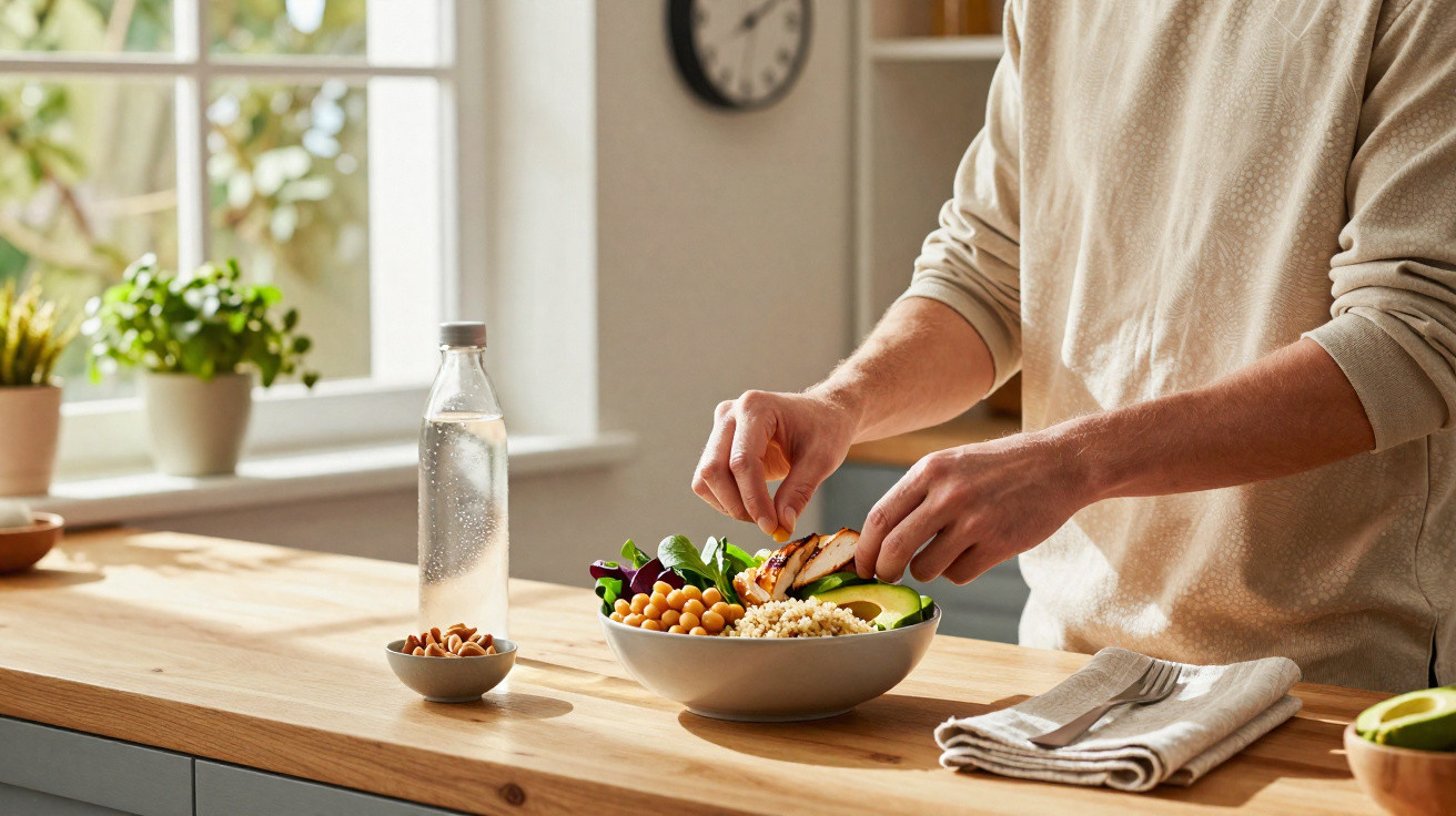 Person preparing a healthy bowl with chickpeas, quinoa, avocado, and greens on a wooden kitchen counter.