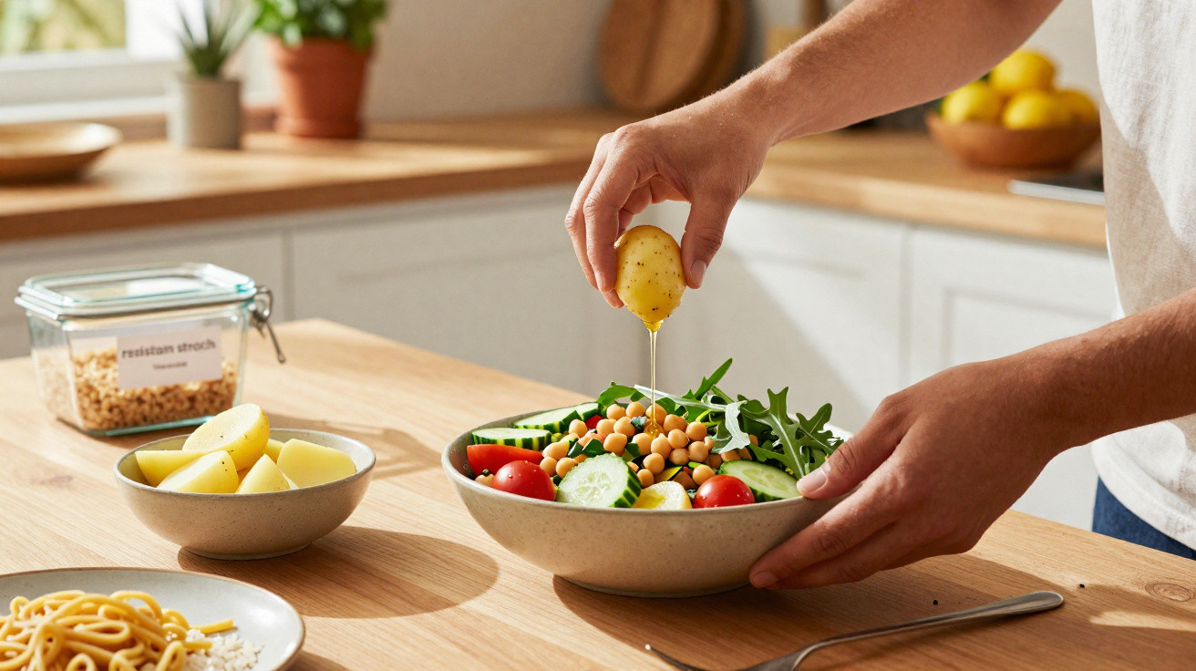 Hands squeezing a lemon over a bowl of salad with chickpeas, cucumber, cherry tomatoes, and greens on a wooden table.