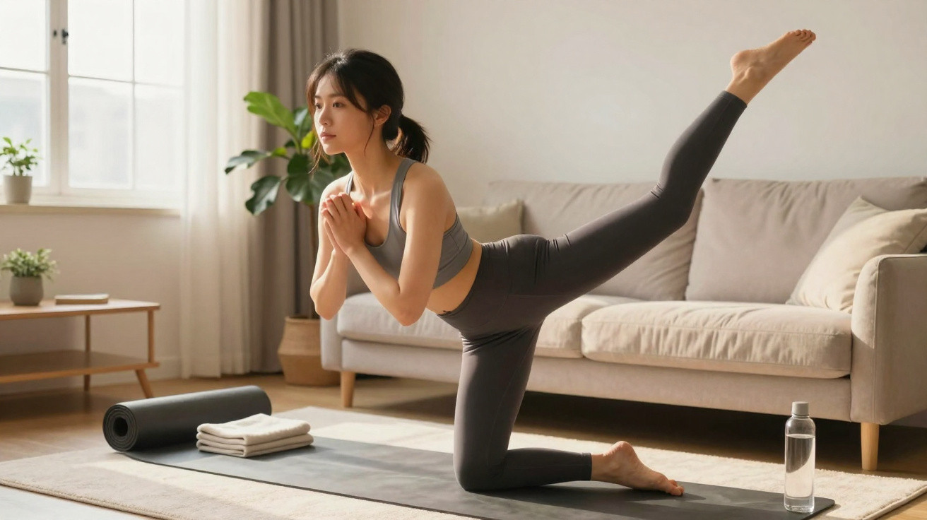 Woman in sportswear performing a balancing yoga pose on a mat in a bright living room.