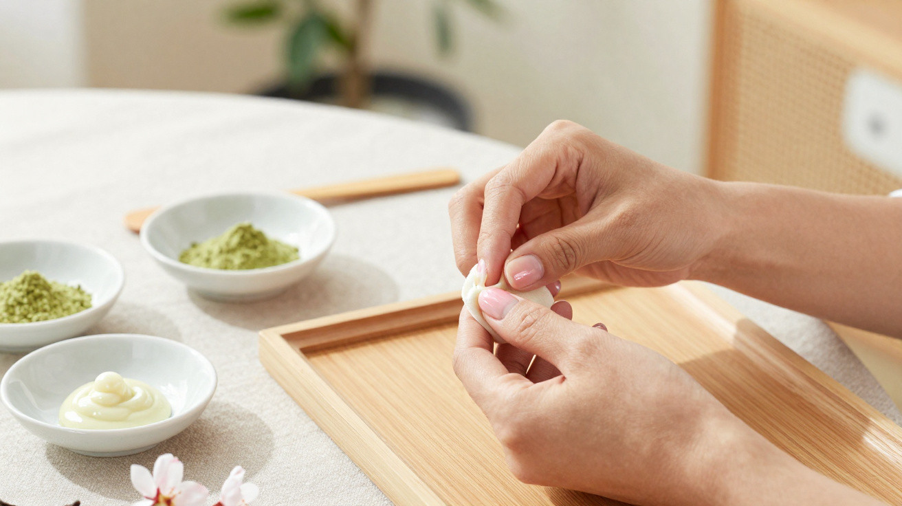 Hands folding a white dumpling on a wooden tray with bowls of matcha and cream on a table.