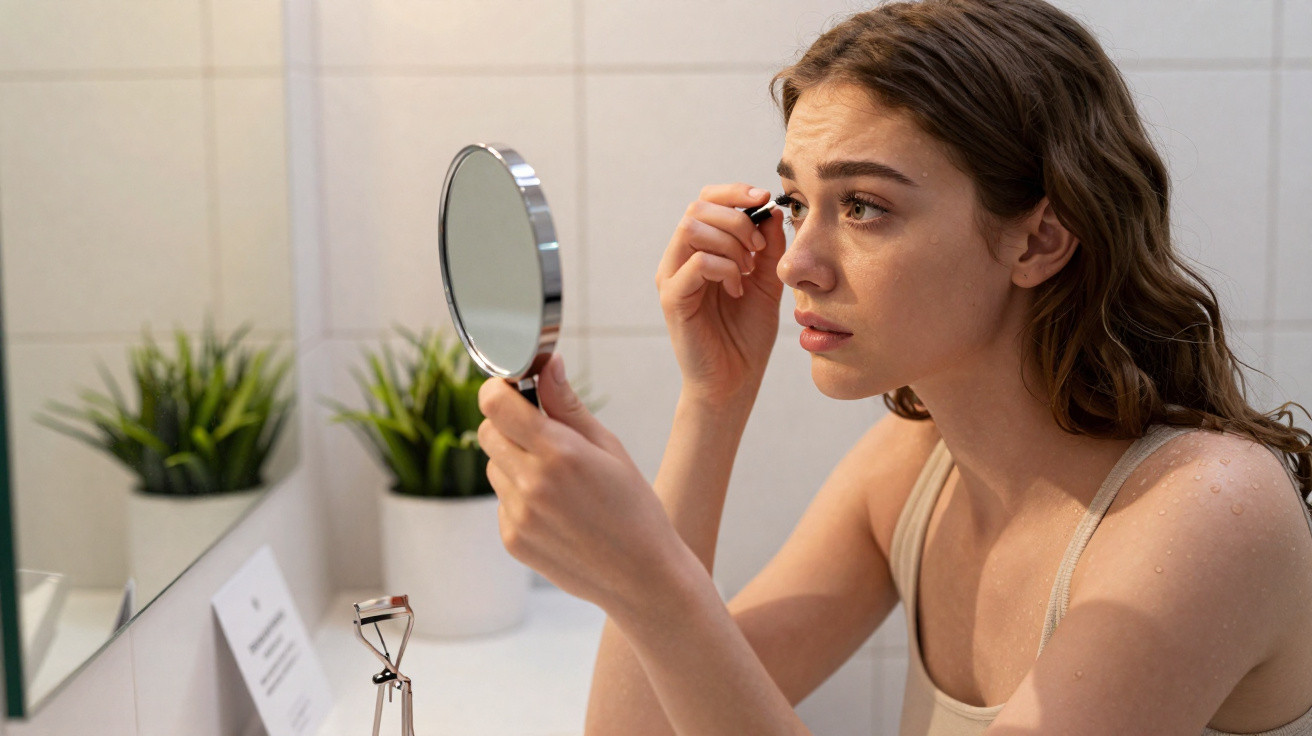 Young woman applying mascara using a handheld mirror in a bathroom with potted plants in the background.