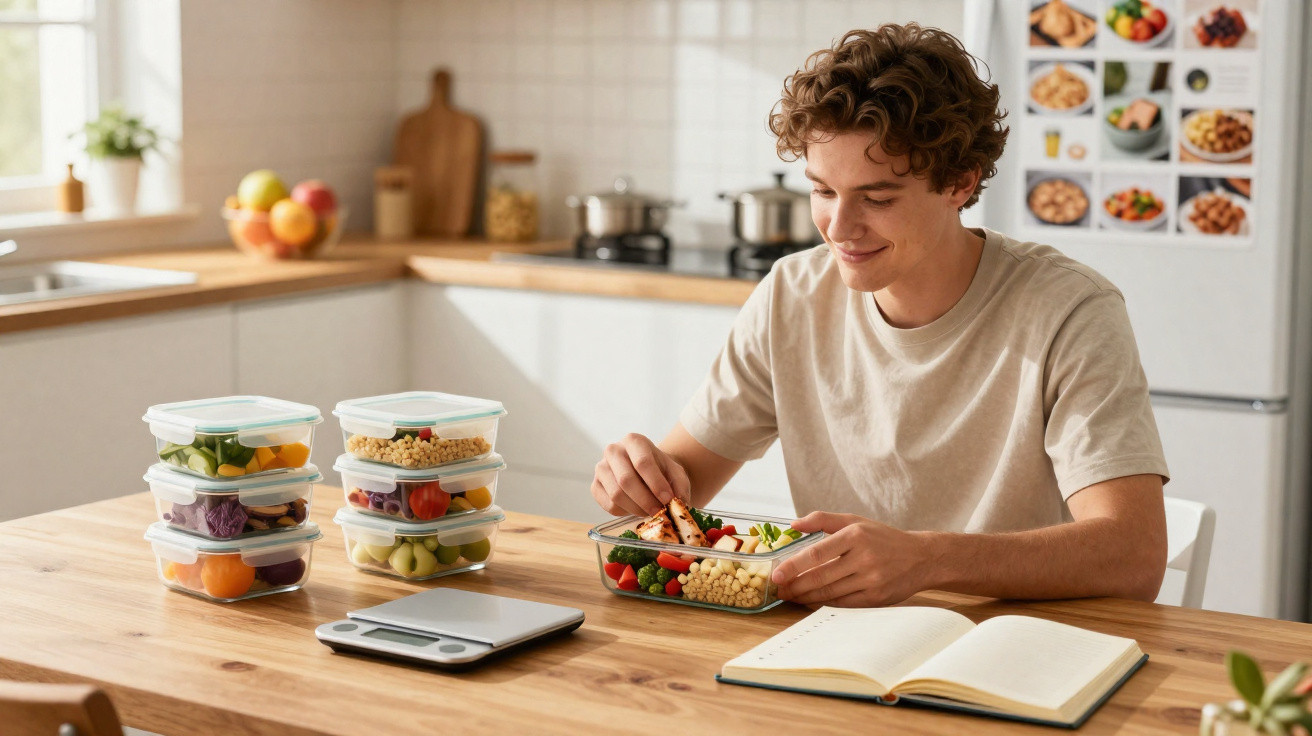 Young man eating a healthy meal from a glass container at a kitchen table with meal prep containers and notebook nearby.