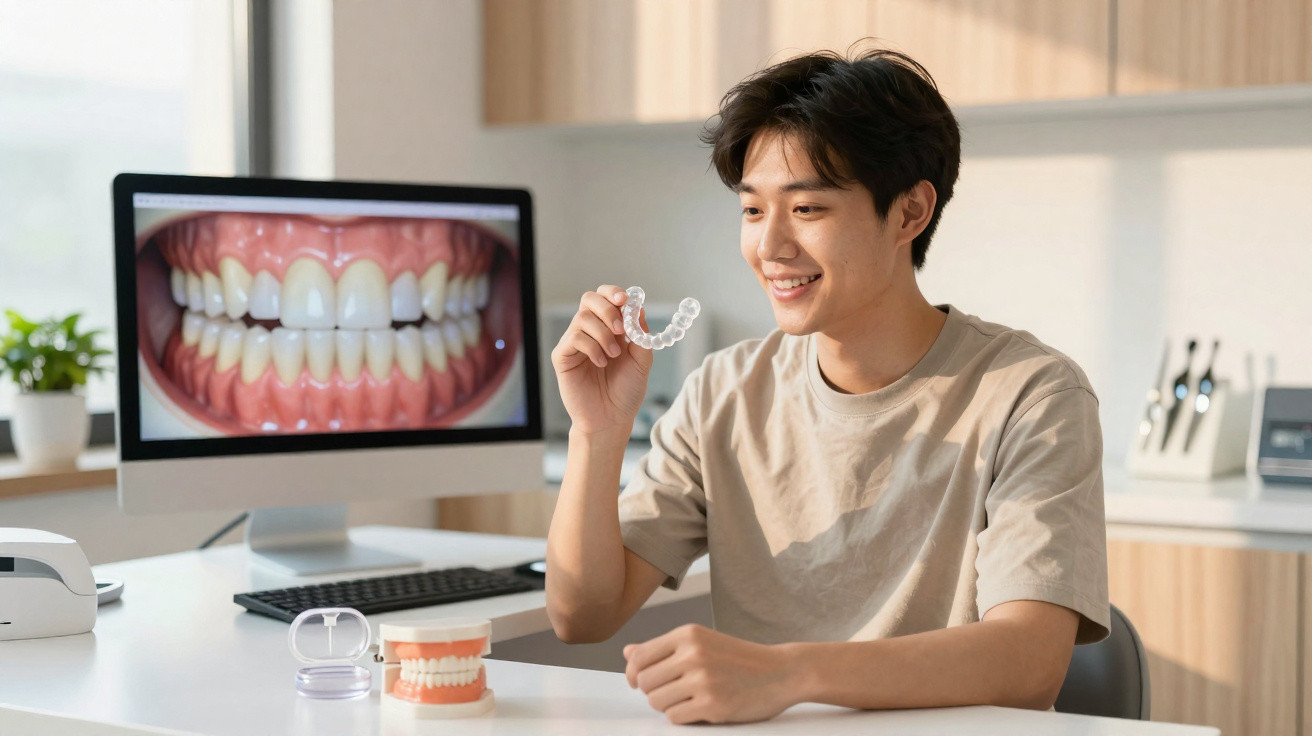 Young man holding a clear dental aligner with a computer showing close-up of teeth in a dental office.