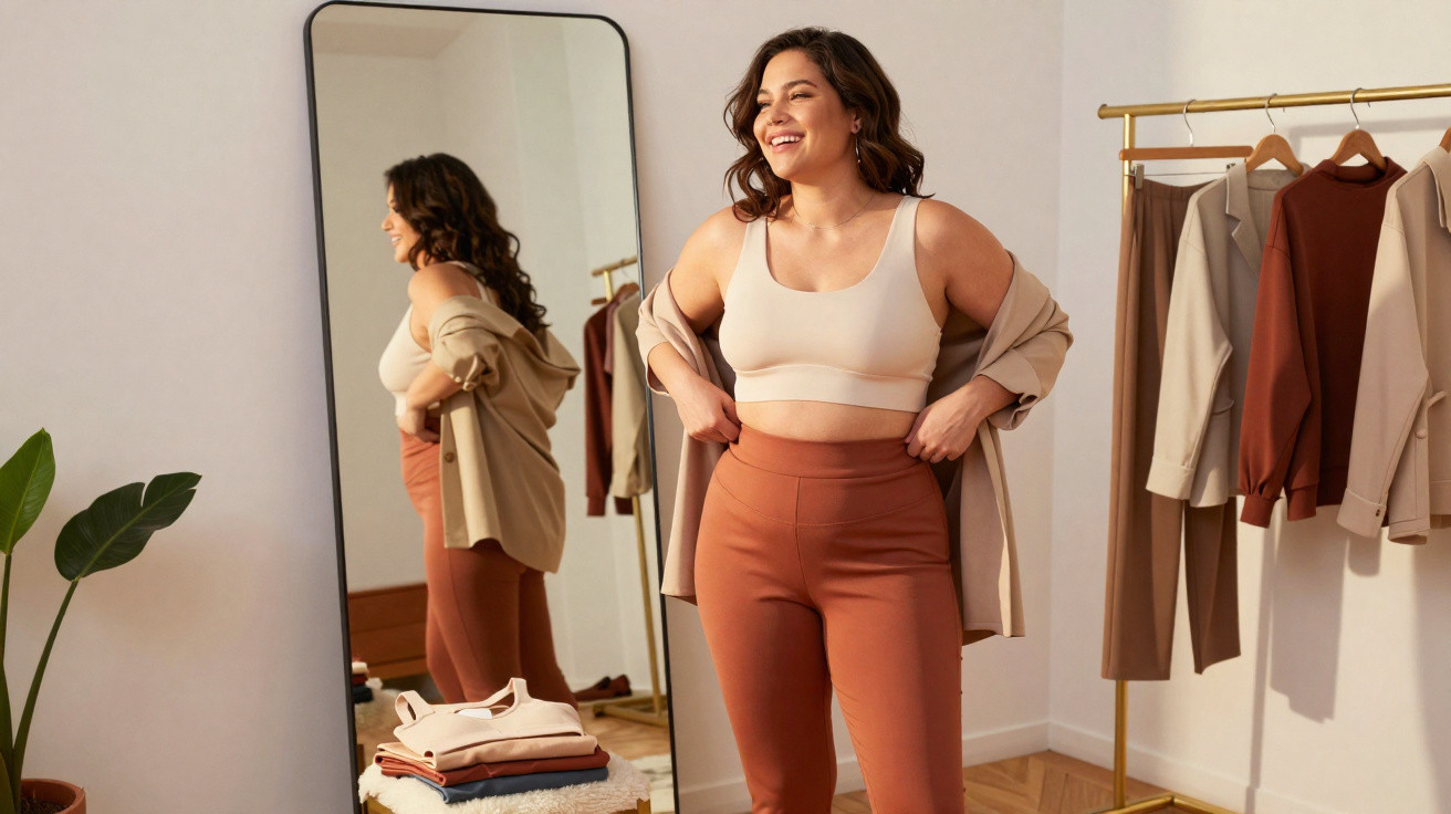 Smiling woman in beige crop top and rust trousers adjusting jacket in front of full-length mirror in stylish bedroom.