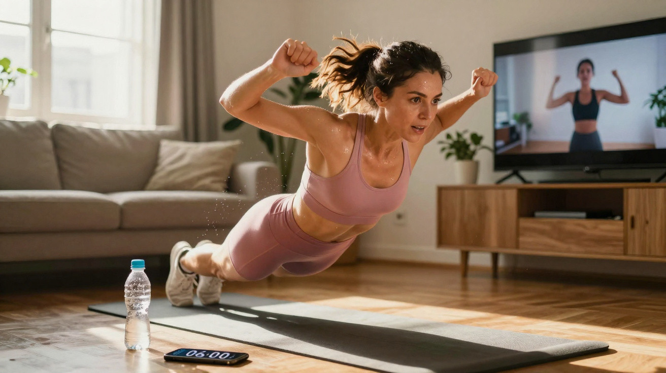 Woman in pink activewear doing a plank exercise on a mat in her living room following a workout on TV.