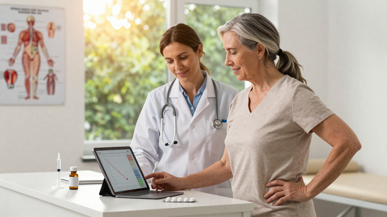 Middle-aged woman consulting doctor about medical chart on tablet in bright clinic room.