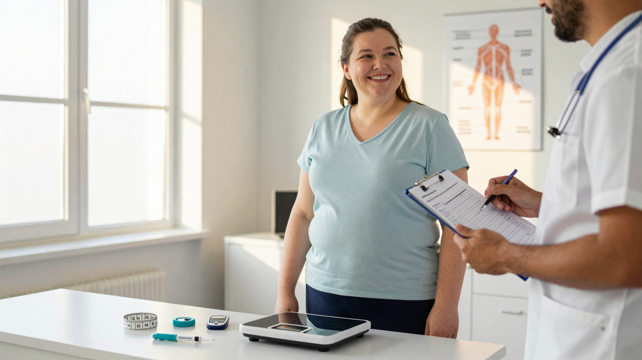 Smiling pregnant woman standing by medical scale while doctor holds clipboard in bright clinic room.