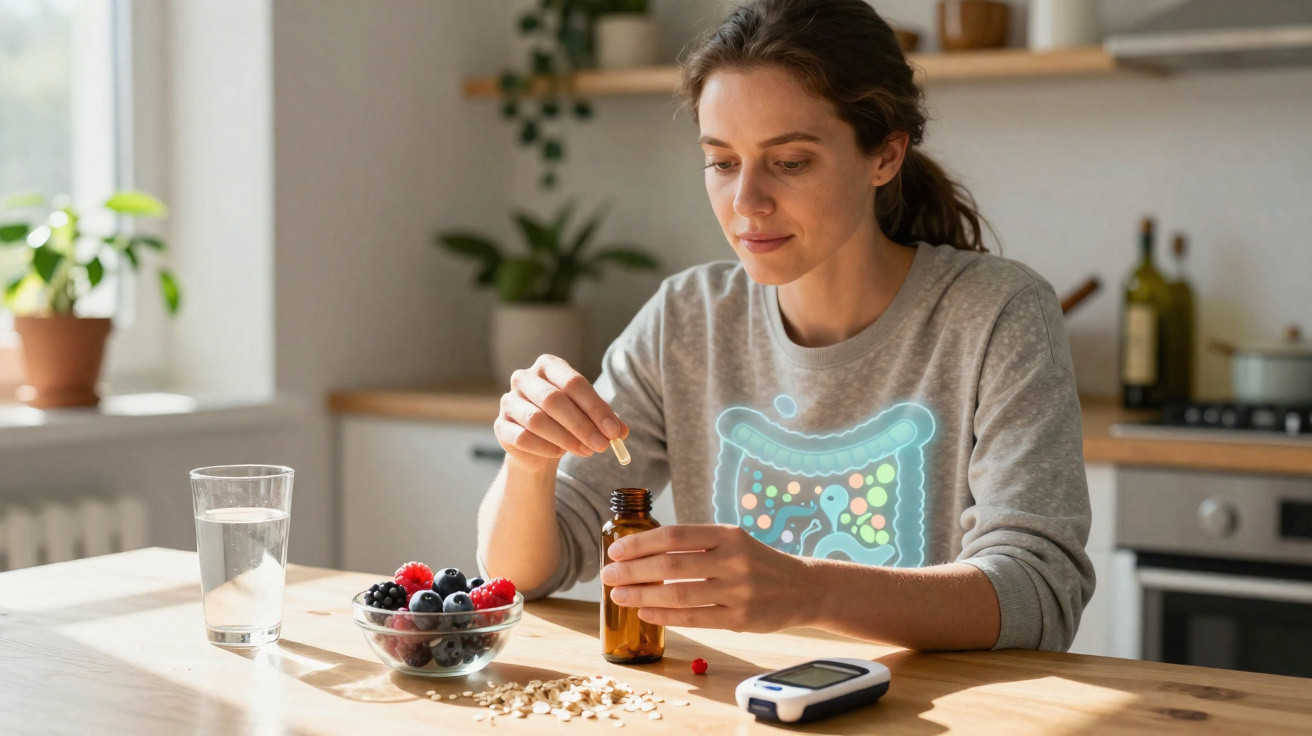 Woman taking a supplement with a glass of water and healthy food, with a digital illustration of intestines on her shirt.