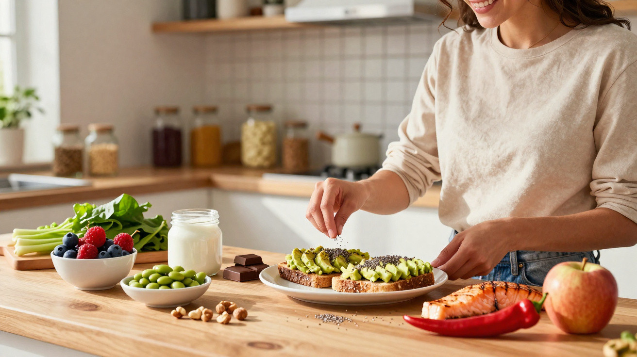 Woman preparing avocado toast with healthy ingredients like berries, nuts, salmon, and an apple on a wooden kitchen counter.