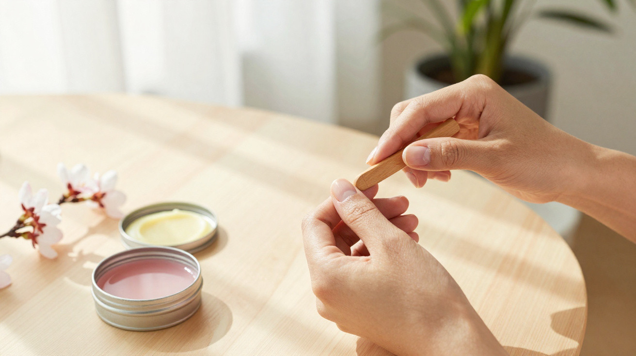 Hands filing nails with wooden stick near open tins of balm on wooden table with flowers.