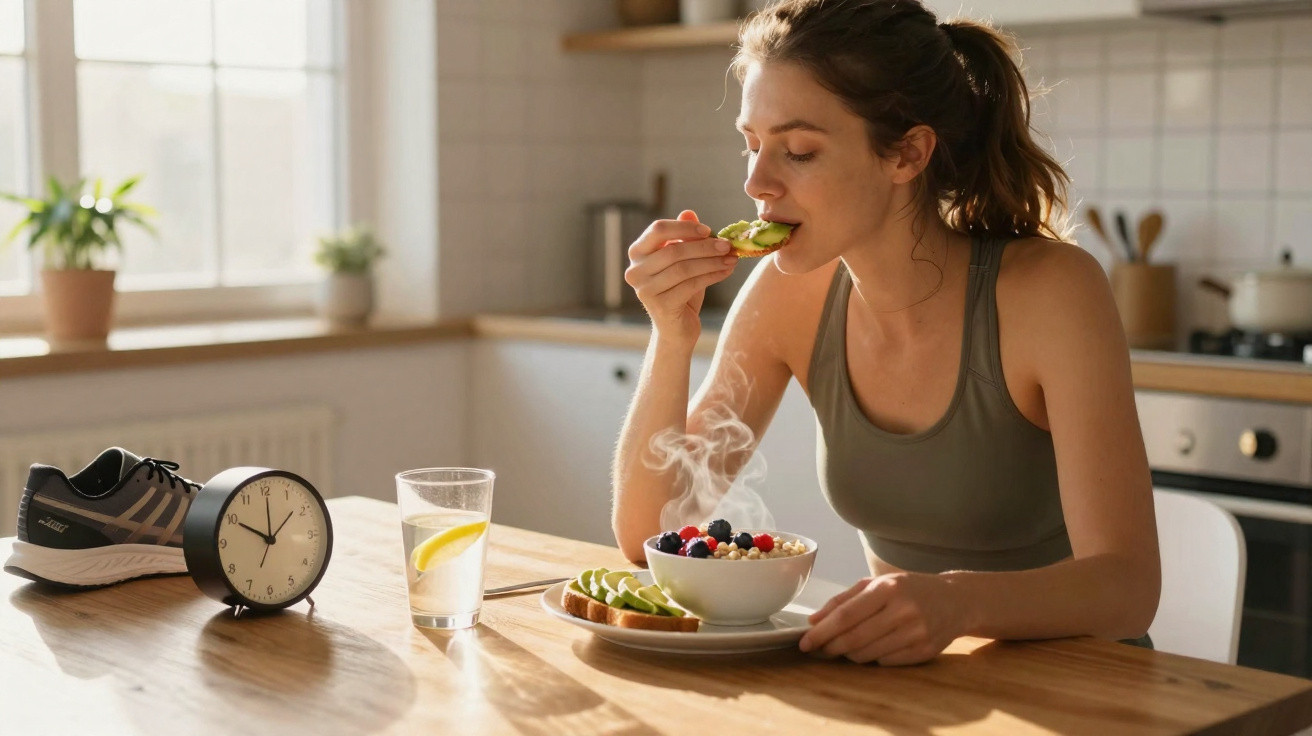 Woman eating avocado toast and oatmeal with berries for breakfast in a bright kitchen.