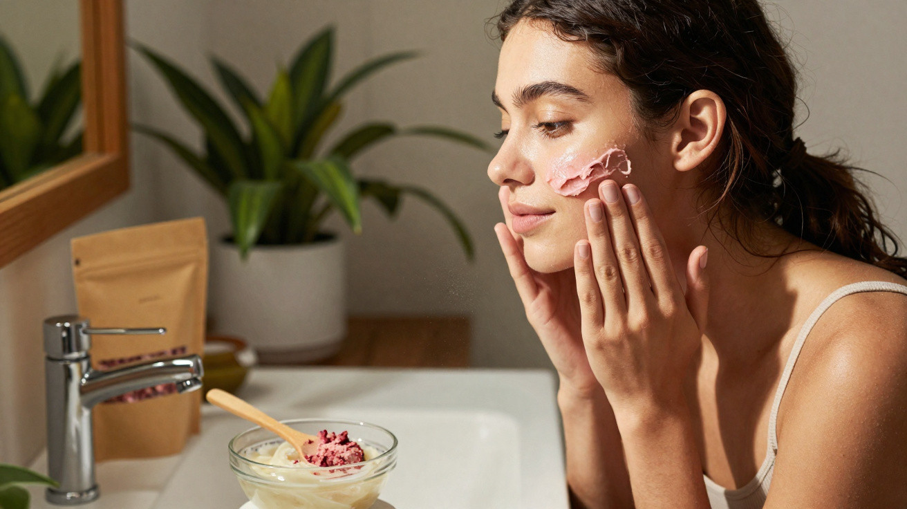 Young woman applying pink face mask cream in bathroom with plants and skincare products nearby