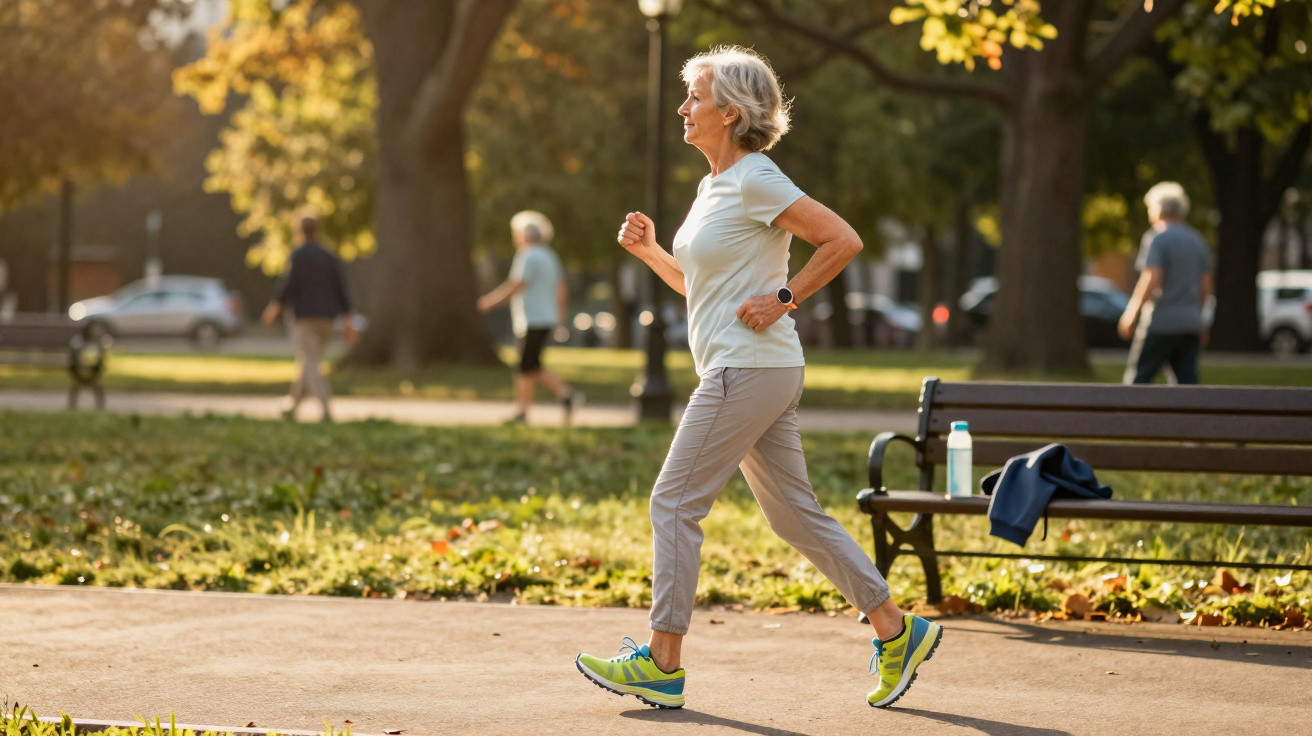 Senior woman power walking in park on a sunny autumn day with trees and people in the background.