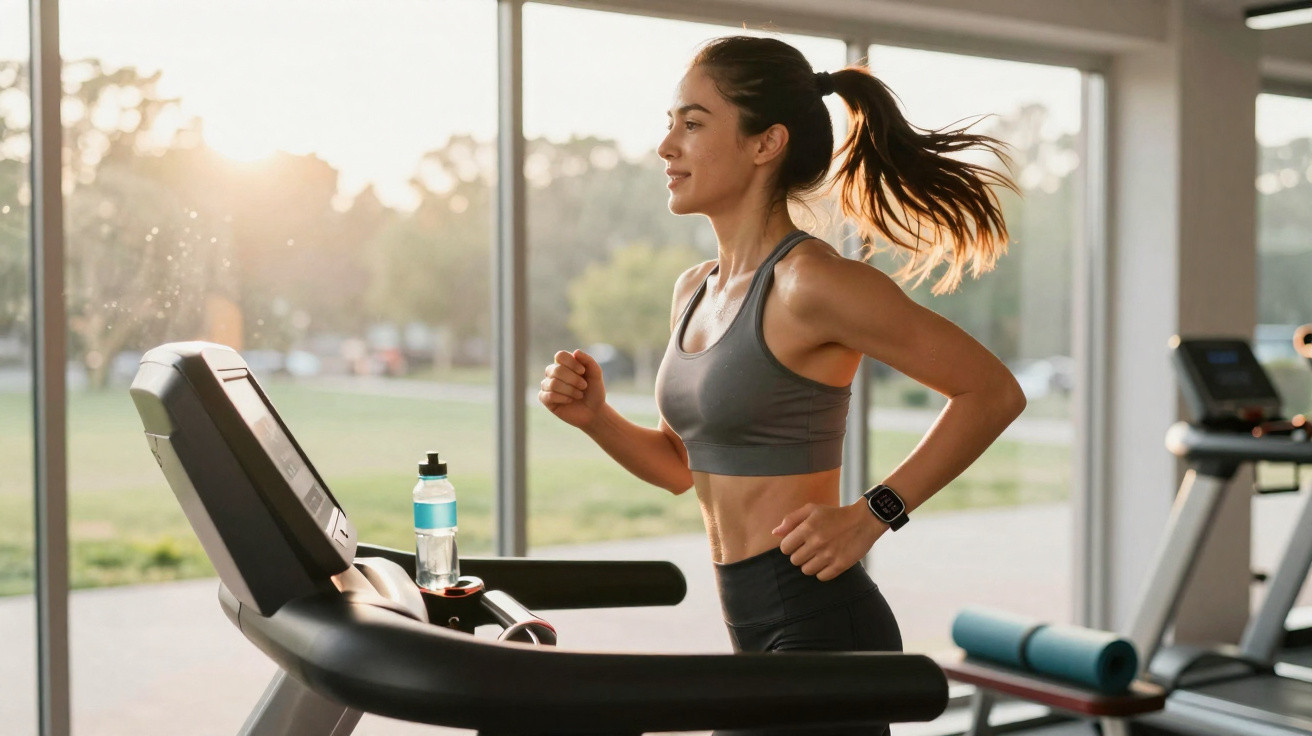 Woman with ponytail running on treadmill in gym with large windows showing outdoor greenery and sunlight.