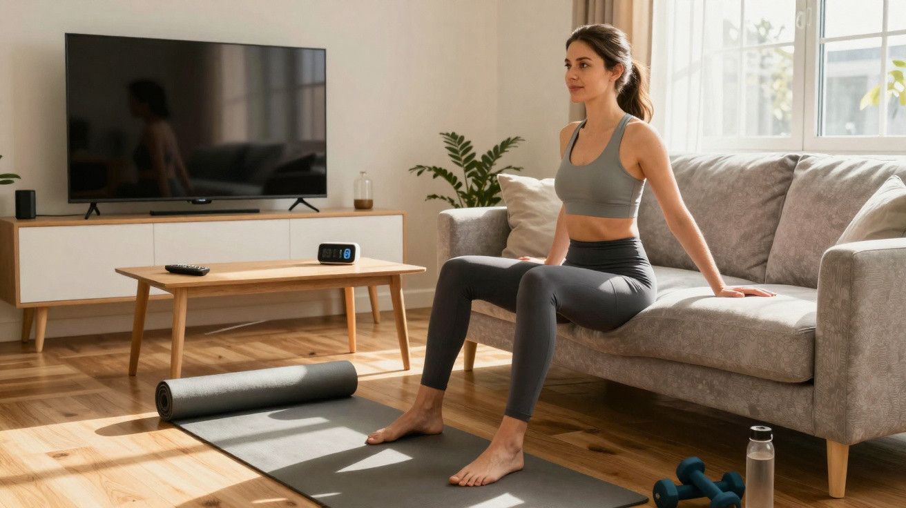 Woman in sportswear sitting on a sofa in a living room with yoga mat, foam roller, dumbbells, and water bottle nearby.