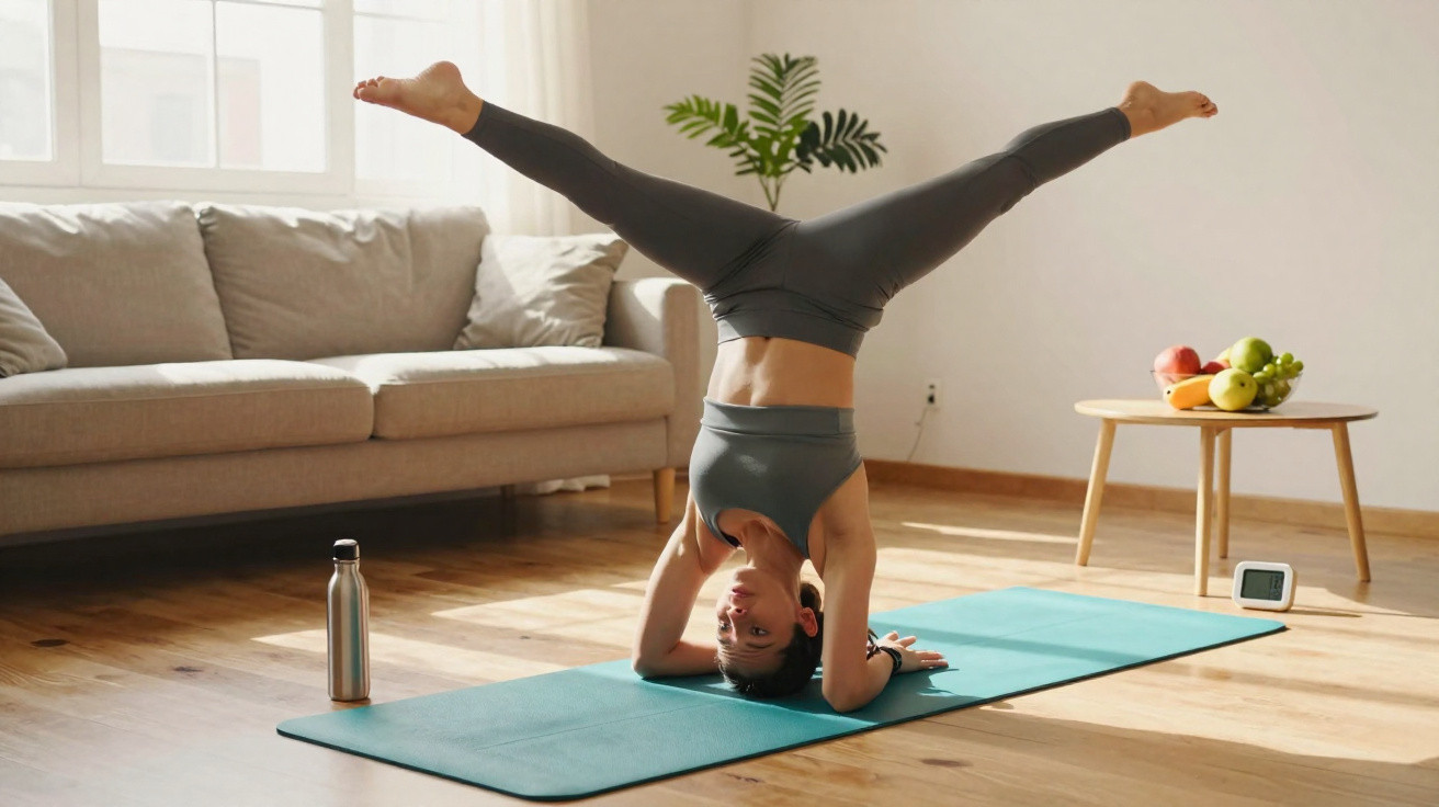 Woman practising headstand yoga pose on a mat in a bright living room with a sofa and fruit table nearby.