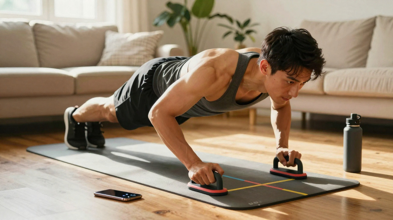 Man doing push-ups with handles on a mat in a living room, with a water bottle and phone nearby.