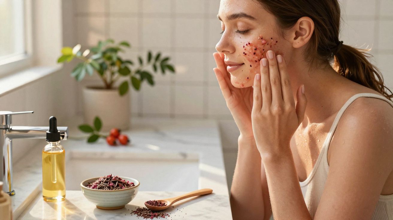 Woman gently massaging a natural berry facial scrub onto her cheeks in a bright bathroom by a marble sink.