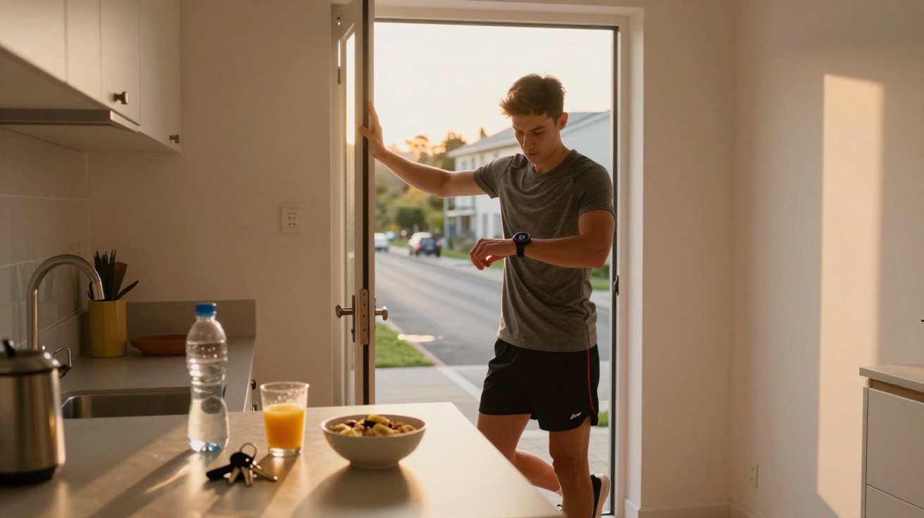 Young man in sportswear checking smartwatch while standing at open front door of a home at sunset.