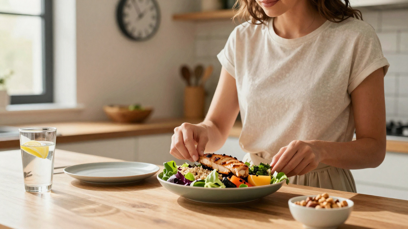 Woman preparing a healthy meal with grilled salmon and salad at a wooden kitchen table with a glass of lemon water.