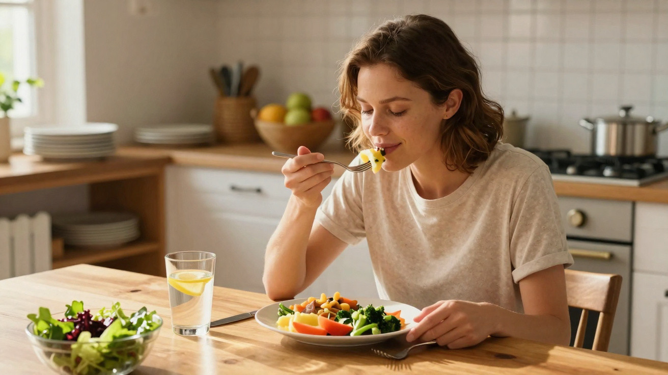 Woman enjoying a healthy meal of vegetables at a wooden dining table in a bright kitchen.