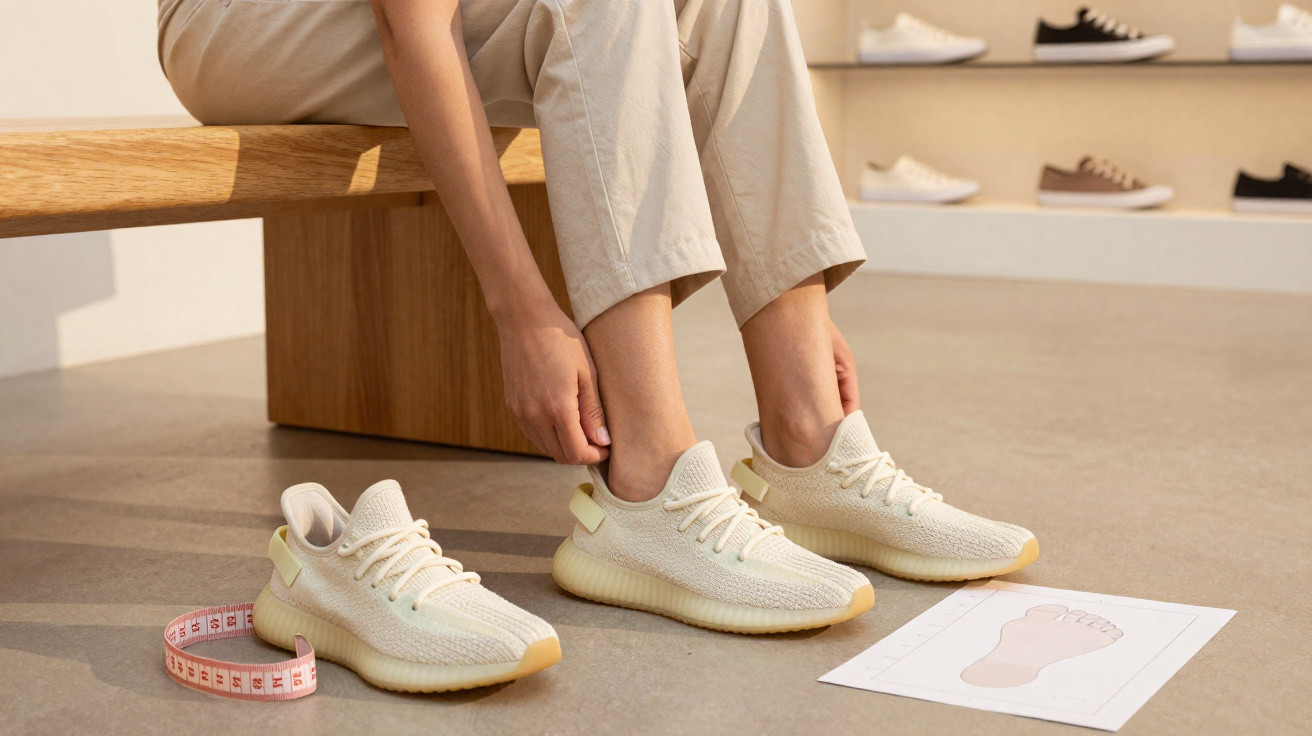 Person trying on cream-coloured sneakers with measuring tape and foot outline on the floor in a shoe store.