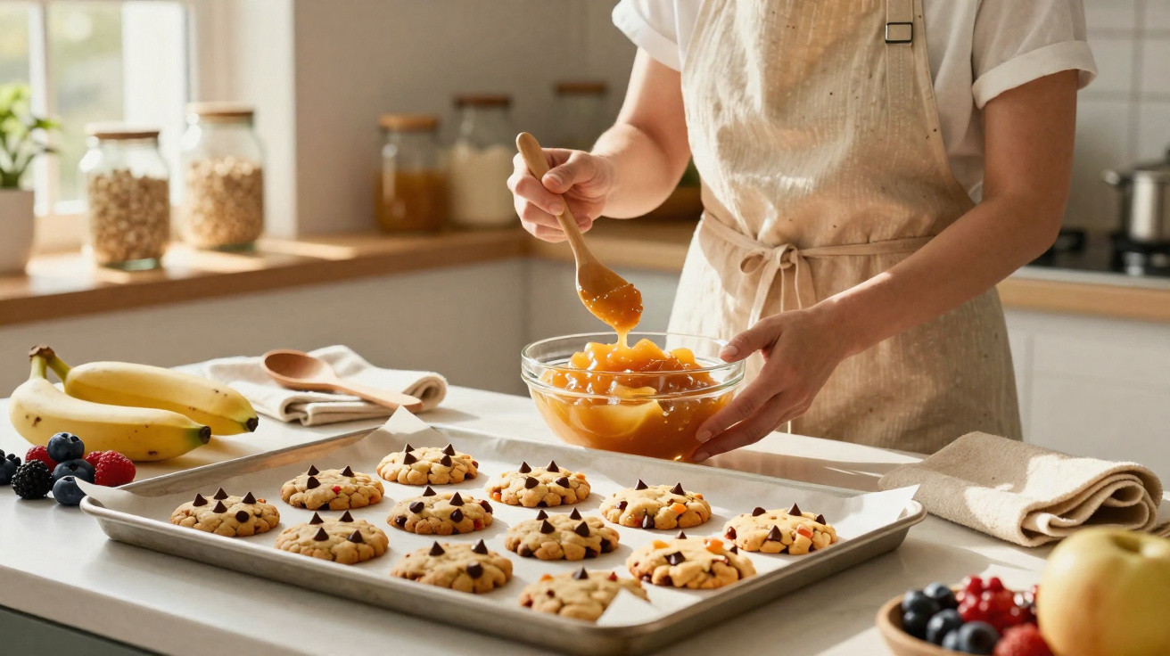 Person in an apron holding a bowl of jam, preparing chocolate chip cookies on a baking tray in a kitchen.