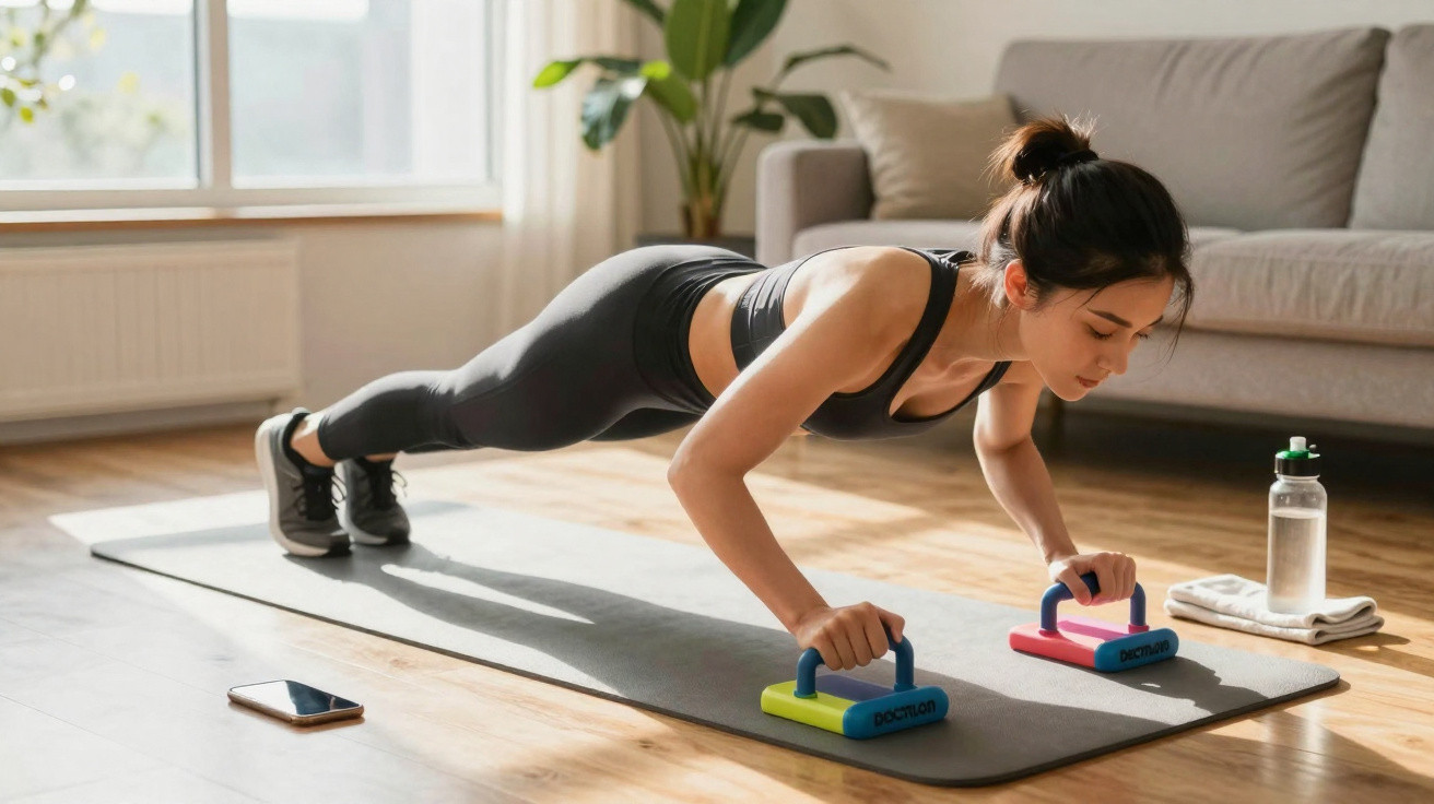 Woman doing push-ups with handles on a mat in a sunlit living room next to a sofa and water bottle.