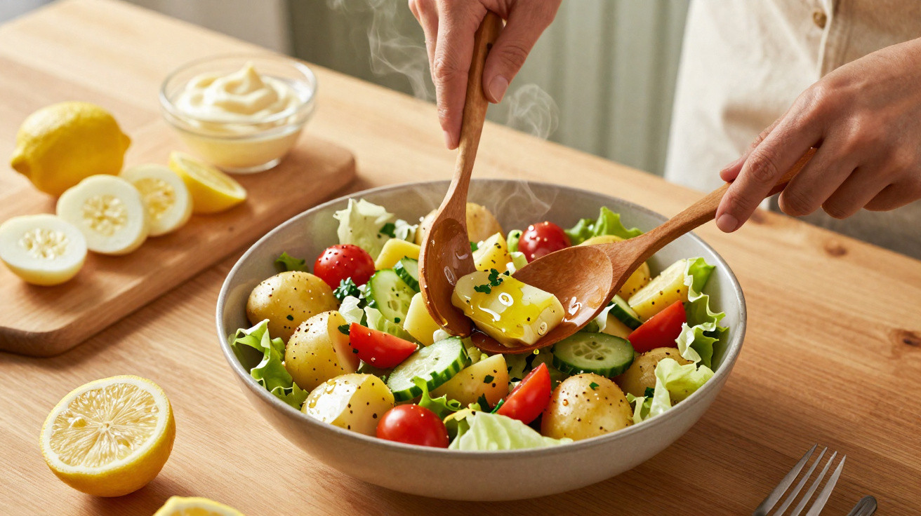 Hands tossing a warm potato salad with butter, cherry tomatoes, cucumber, and lettuce on a wooden table.