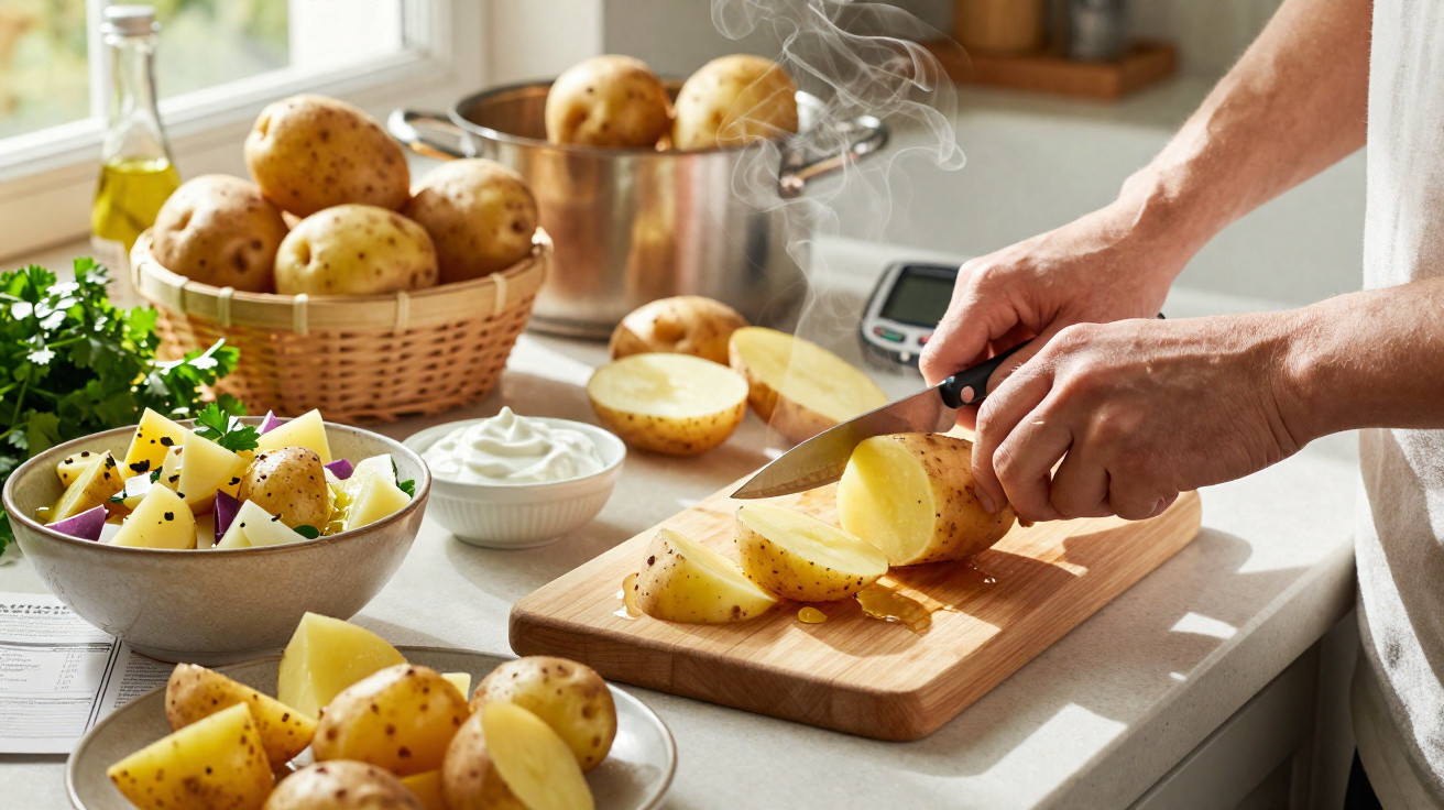 Person slicing hot boiled potatoes on a wooden board with bowls of prepared potato salad and sour cream nearby.